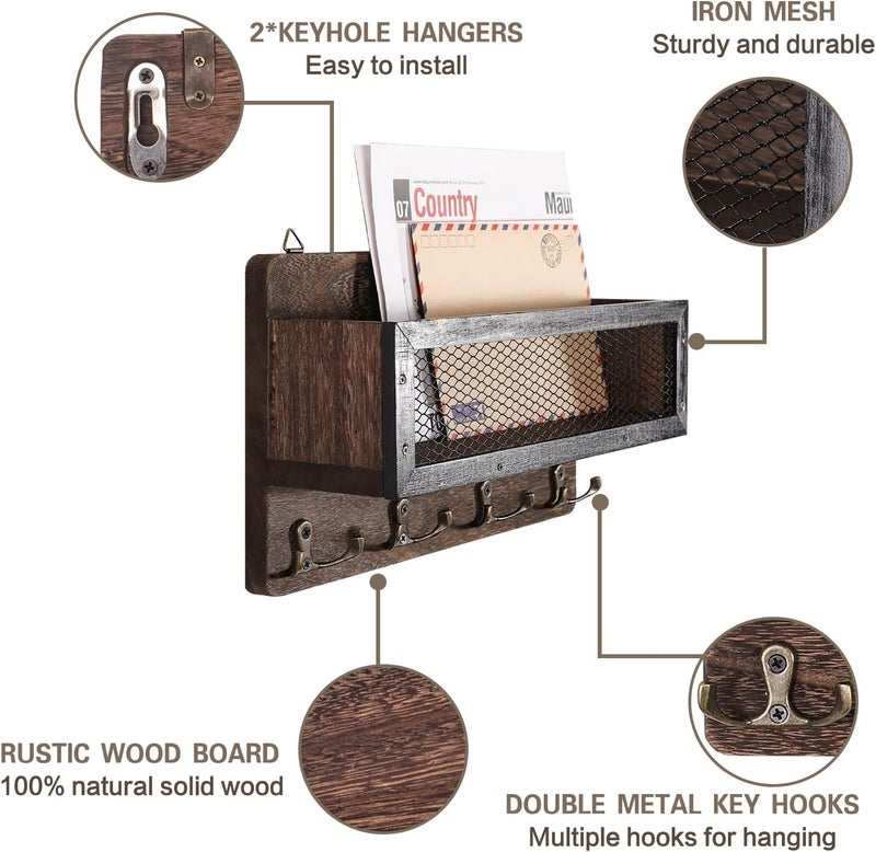 ADIIL Mail and Key Holder for Wall Decorative, Wooden Wall Mount Key Rack Hanger Organizer with 4 Double Key Hooks, Rustic Home Decor for Entryway Hallway, Brown - Image 4